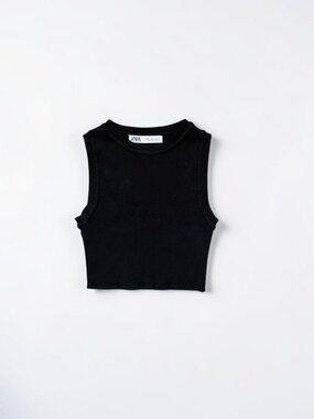 Zara Black Ribbed Knit Cropped Tank Top Sleeveless Size Small